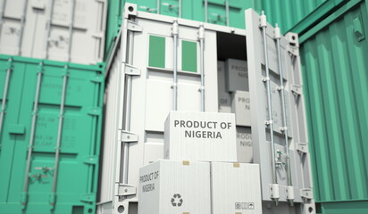 Cargo containers and boxes with products from Nigeria. National industry related conceptual 3D rendering - obrazy, fototapety, plakaty