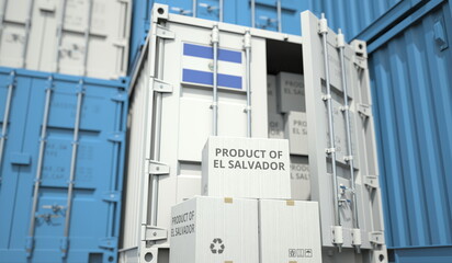 Cardboard boxes with goods from El Salvador and cargo containers. Industry and logistics related conceptual 3D rendering