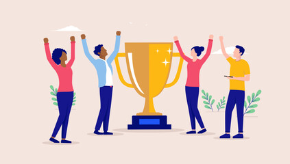 Business people with trophy cup - Diverse team cheering and celebrating success and winning. Flat design vector illustration