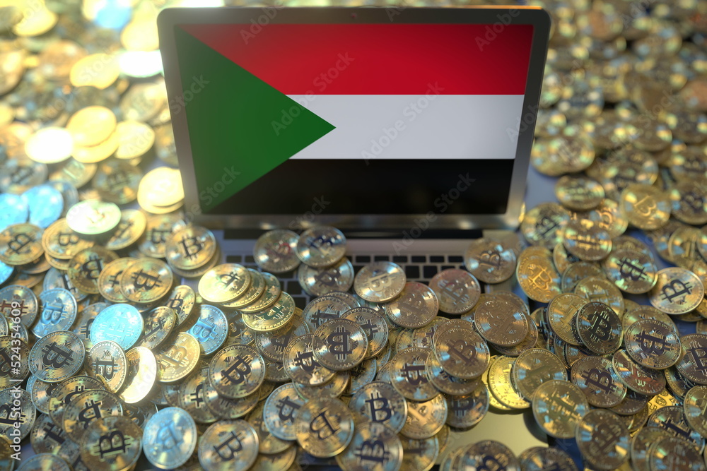 Poster flag of sudan on the laptop screen and many bitcoins. national cryptocurrency regulations and crypto