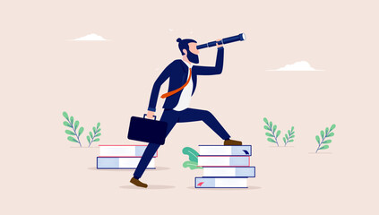 Seeking information and knowledge - Businessman with binocular standing on books looking for leads. Flat design vector illustration