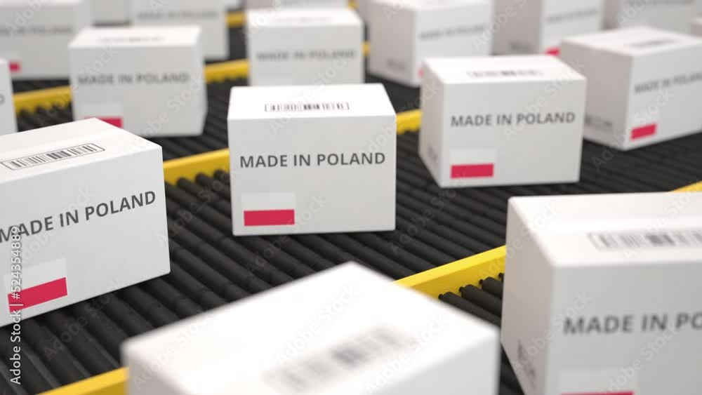 Poster white boxes with made in poland text on conveyor. seamless loopable 3d animation