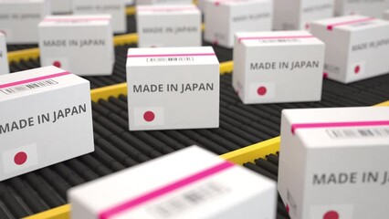 MADE IN JAPAN text on white cartons moving along the conveyor. Seamless loopable 3D animation
