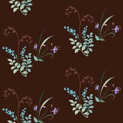 Vector floral seamless branch pattern, a bouquet of decorative wildflowers in pastel colors on dark brown beautiful background for design of textile, fabric, wrapping paper, wallpaper, gift wrapping