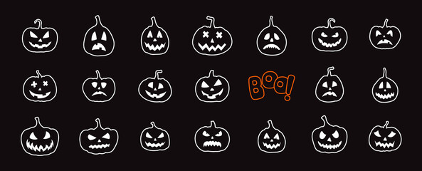 Vector set with pumpkins silhouette at black. Halloween pattern background with Jack o lantern.