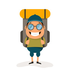 Happy cute tourist in glasses with a backpack on a white background