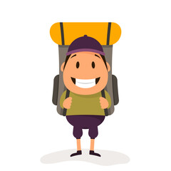 Happy cute tourist with backpack isolated on white background