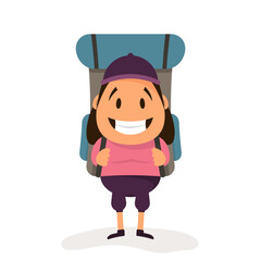 Happy cute tourist woman with backpack on white background