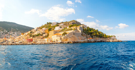 The harbor and port at the Greek island waterfront village of Hydra, one of the Saronic islands of...