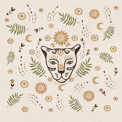 Hand drawn pattern of a leopard or jaguar and ethnic elements like sun, moon. Hand draw design. © Sonice Design