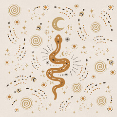 Magic snake with moon and crescents. Mystical symbols in a trendy minimalist style on a light background. Magic illustration pattern.