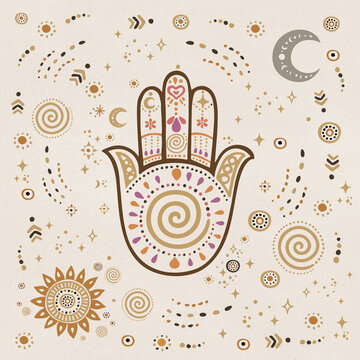 Hand drawn pattern of a hamsa hand and ethnic elements like sun, moon. Hand draw design.