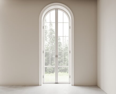 White empty room with arched panoramic floor to ceiling windows. Concrete floor, beige walls. View from the window to the forest. 3d render