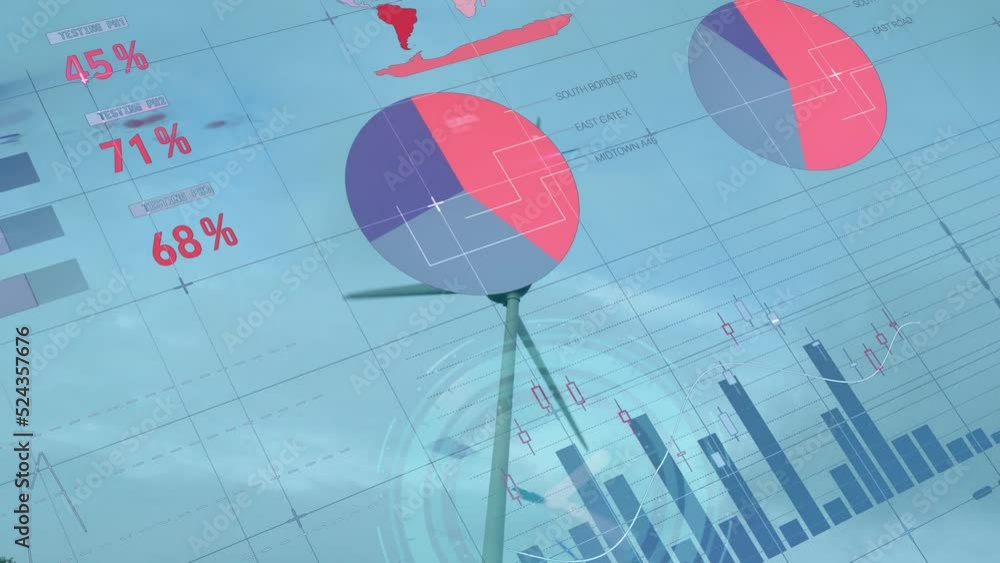 Poster animation of digital infographic interface and low angle view of rotating windmill against clear sky