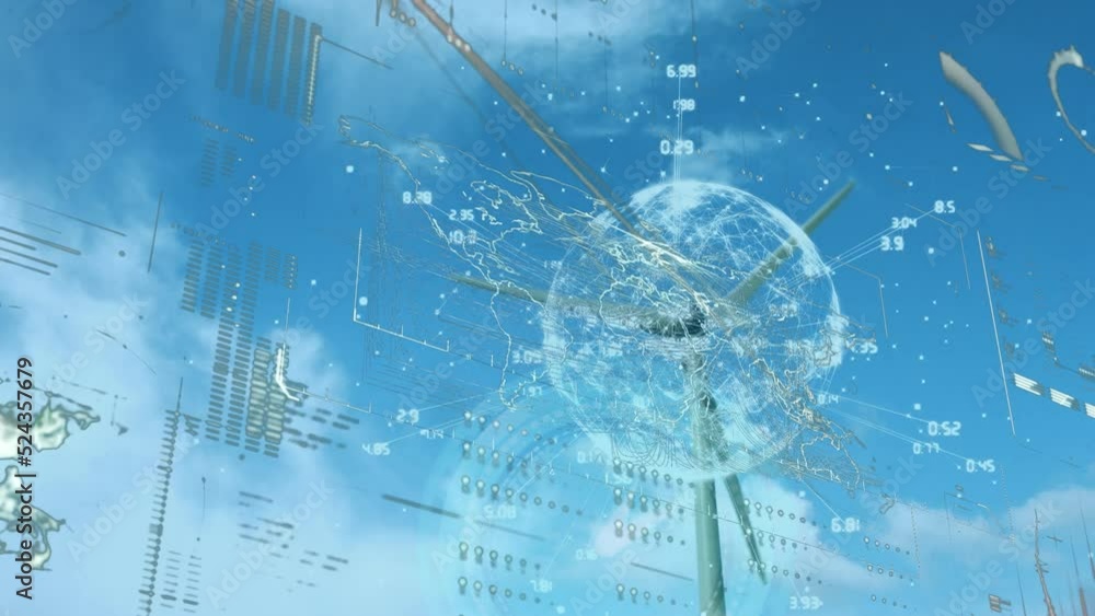 Poster animation of digital infographic interface with globe over low angle view of windmill against sky