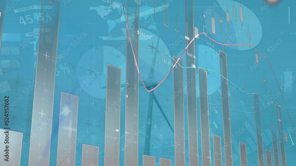 Poster animation of infographic interface with moving bar and line graph over spinning windmill