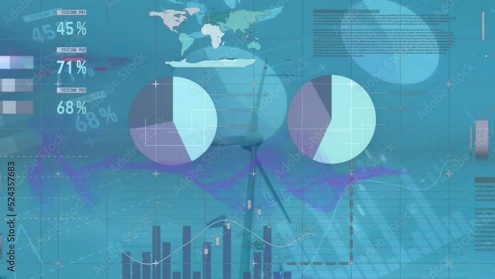 Aufkleber animation of infographic interface with multiple graphs and data over spinning windmill against sky