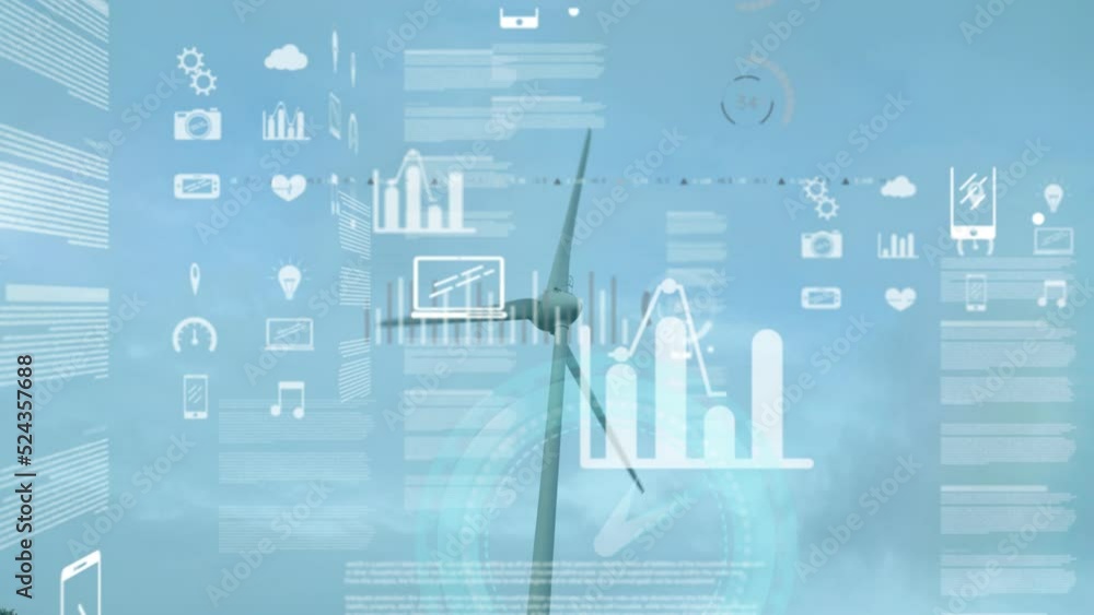 Poster animation of infographic interface with application icons over spinning windmill against clear sky