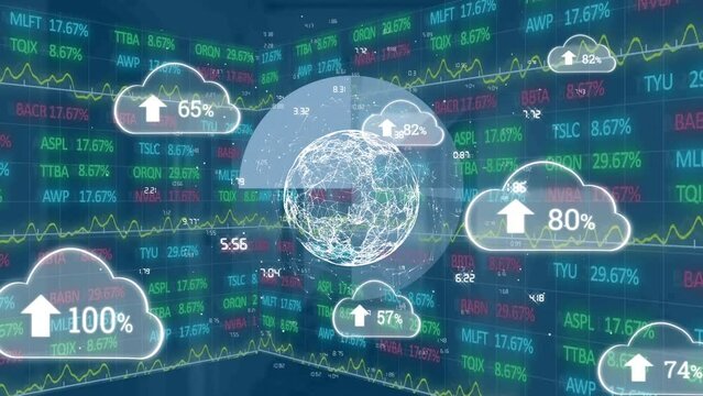 Animation of globe in rotating pie chart and clouds with arrow and 100 percentage over trading board