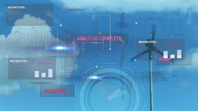 Animation of infographic interface with clock over spinning windmill against cloudy sky