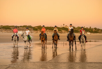 6 horses with their young riders lined up on the seashore watching the sunset.