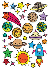 Set of space and Planets Sticker, Space Icons Kawaii Style, Planets Sticker Design