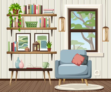 Cozy living room interior with a blue armchair, bookshelves, a window, and hanging lamps. Cartoon vector illustration