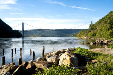 Fort Montgomery, NY - USA - Aug 14, 2022 Landscape view of the iconic Bear Mountain Bridge, a toll...