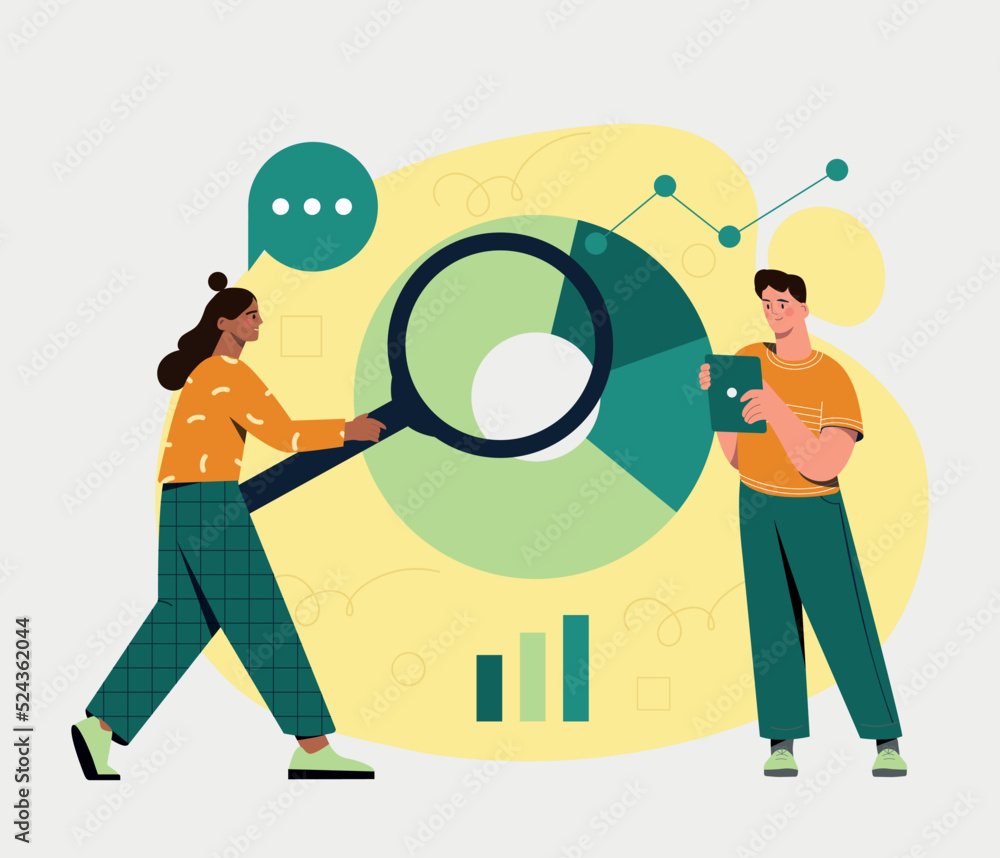 Poster statistical analysis concept. man and girl with magnifying glass look at graphs and charts. work wit