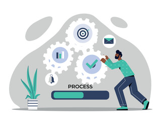 Business process concept. Man with big gears, metaphor for work of company or organization. Progress bar, loading metaphor. Employee fulfills goals and tasks. Cartoon flat vector illustration