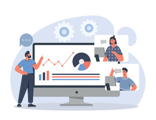 Digital presentation concept. Man gives lecture, speaker shows graphs and diagrams. Working with statistics and marketing research. Online conference or webinar. Cartoon flat vector illustration