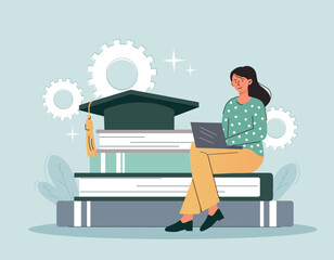 Girl preparing diploma. Student writes thesis on laptop, distance learning and homework. Preparing for test or exam. Knowledge and education, search for information. Cartoon flat vector illustration