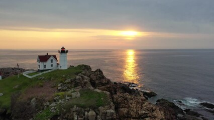 Nubble Lighthouse in Maine Drone Video at Sunrise 