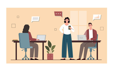 Woman in office. Workflow in company or organization, employees working on common project. Colleagues or coworkers. Workplace characters, business process concept. Cartoon flat vector illustration