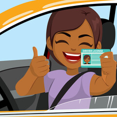 Smiling teenager girl holding up driving license on her first brand new car. Customer satisfaction - obrazy, fototapety, plakaty