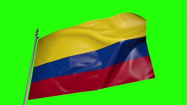 Colombian flag on a flagpole. 3D animation on green screen