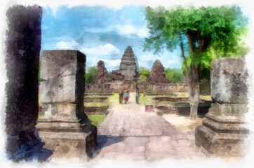 Fototapeta premium Ancient stone castle and ancient pattern art in Thailand watercolor style illustration impressionist painting.