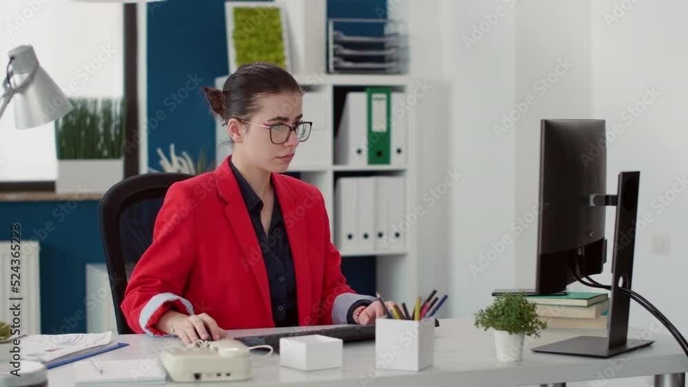 Poster female worker using charts statistics to plan strategy on computer, analyzing e commerce sales for b