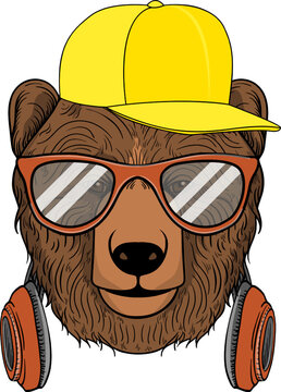 Hand drawn vector bear illustration with glasses and headphone, for tshirt prints, posters and other uses.