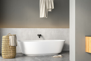 Modern Loft Bathroom interior design, white bathtub, concrete floor, sunlight, plants, basket, towels, white and gray wall. 3d rendering

