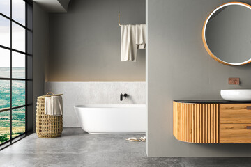 Bright bathroom interior with concrete floor and wall, white bathtub and two sinks, toilet and bidet, towel, side view. Minimalist bathroom with modern furniture and arches, 3D rendering no people
