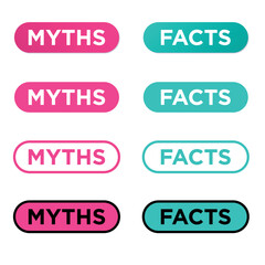 Myths vs facts icons set. Truth or false colorful badges isolated on white backdrop