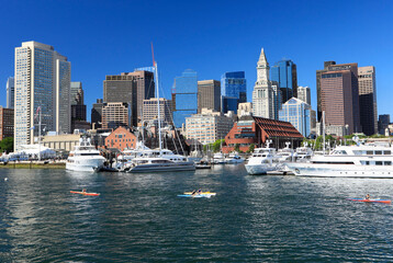 Fototapeta na wymiar Boston skyline and harbor and Atlantic Ocean on the foreground, USA