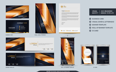 Luxury navy gold stationery mock up set and visual brand identity with abstract overlap layers background . Vector illustration mock up for branding, cover, card, product, event, banner, website.