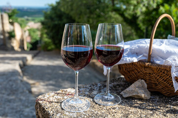Glass of red dry wine and ruins of medieval castle of Châteauneuf-du-Pape ancient wine making village in France