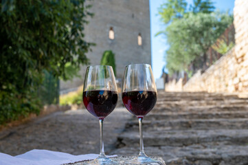 Glass of red dry wine and ruins of medieval castle of Châteauneuf-du-Pape ancient wine making village in France