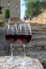 Glass of red dry wine and ruins of medieval castle of Châteauneuf-du-Pape ancient wine making village in France
