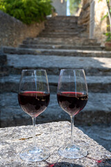 Glass of red dry wine and ruins of medieval castle of Châteauneuf-du-Pape ancient wine making village in France