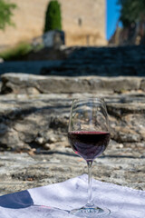 Glass of red dry wine and ruins of medieval castle of Châteauneuf-du-Pape ancient wine making village in France