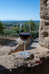 Glass of red dry wine and ruins of medieval castle of Châteauneuf-du-Pape ancient wine making village in France
